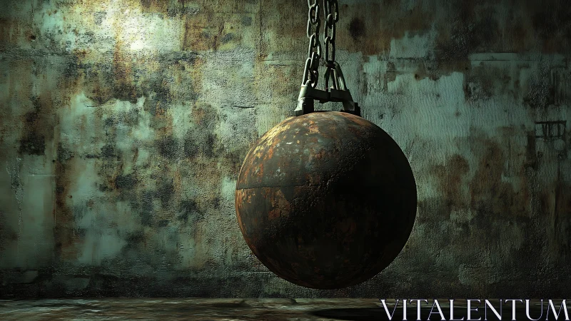 Corroded steel wrecking ball suspended before oxidized wall
