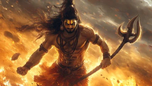 Fiery warrior god striding through stormlit cosmic flames.
