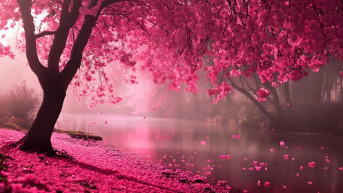 Dreamy pink blossom riverside glowing in soft morning light.