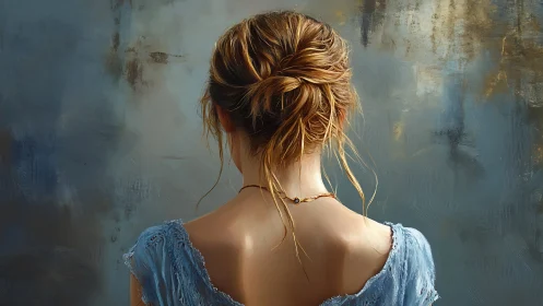 Soft-shouldered silence leans into a storm of painted blue