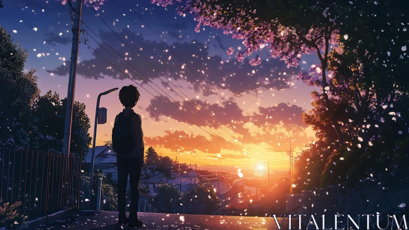 Solitary student observes glowing suburban sunset sky