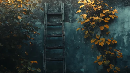 Weathered ladder and autumn vine against textured teal wall