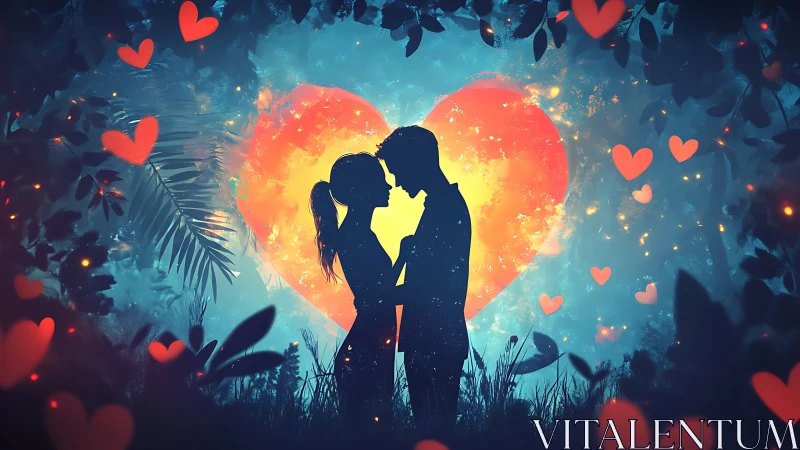 Silhouetted Couple with Glowing Heart-Shaped Aura and Luminous Bokeh