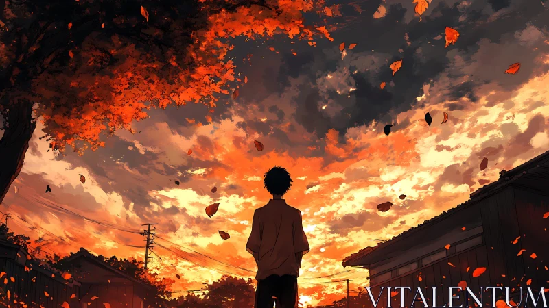 Autumn-lit silhouette beneath turbulent, ember-toned skyscape.