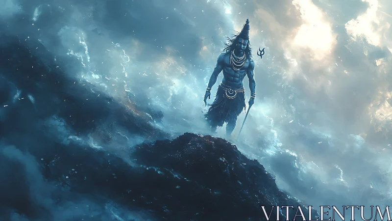 Stormlit blue deity standing over dark rocky summit.