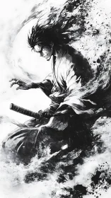Samurai warrior in swirling black ink battle energy.