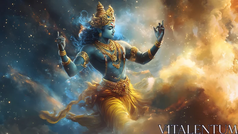 Blue-skinned deity figure is rendered in luminous cosmic space