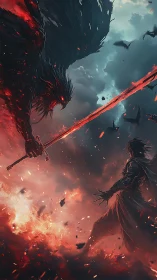 Dynamic fantasy duel with demonic avian entity and swordsman.