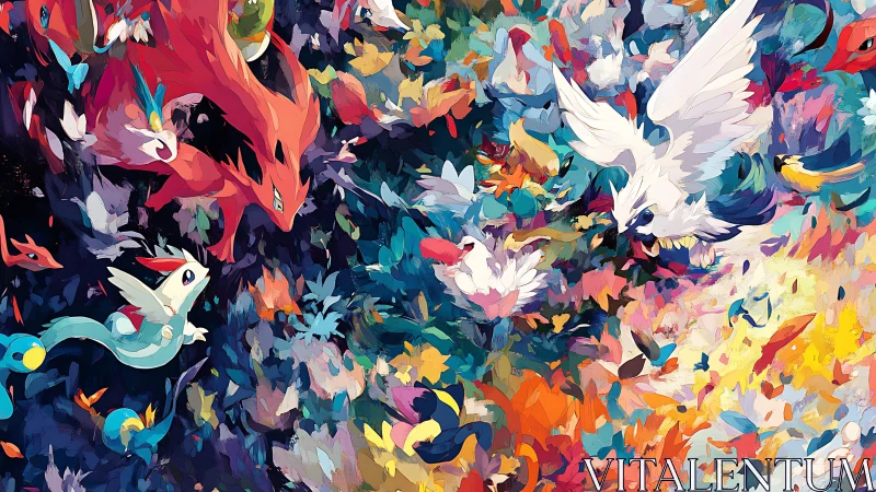 Colorful elemental creatures swirl in a lively sky dance