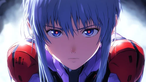 Intense anime pilot stares ahead in glowing battle light