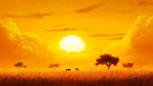 Fiery savanna sunset over silhouetted acacia trees and rhinos.
