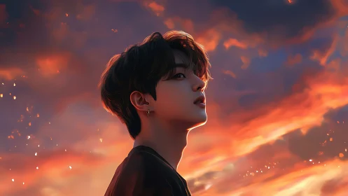 Side profile portrait of youth rendered against sunset sky