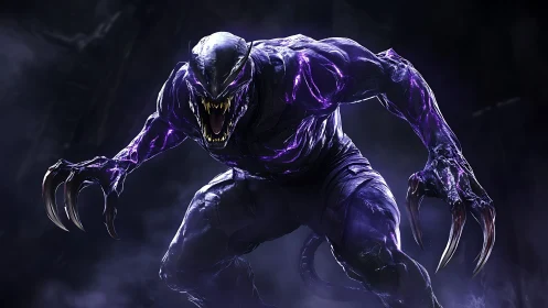 3D creature render of feral alien symbiote in attack stance.
