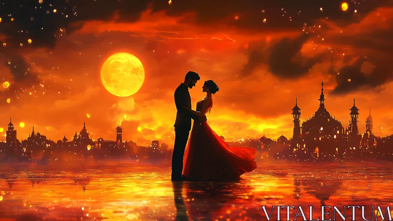 Couple in Red Dress Under Golden Moon and Cityscape.