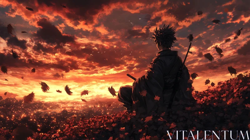 Samurai figure observes fiery sunset over autumn valley
