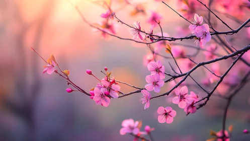 Pink blossoms on branches against diffused background.