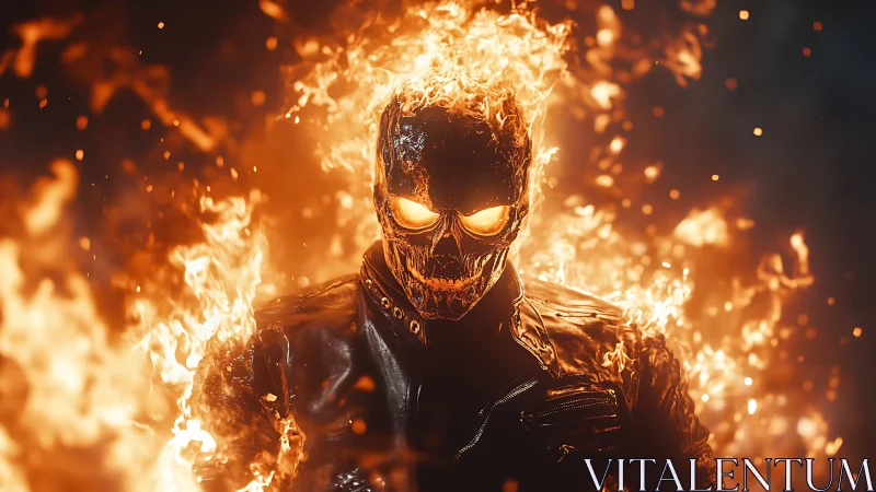 Fiery skull rider strides forward wrapped in roaring flames