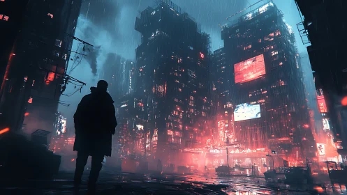 Lone figure surveys neon city in rain-soaked cyberpunk night.