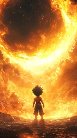 Silhouetted child facing massive fiery celestial vortex.