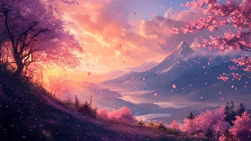 Soft sunset over cherry blossom valley and distant peaks.