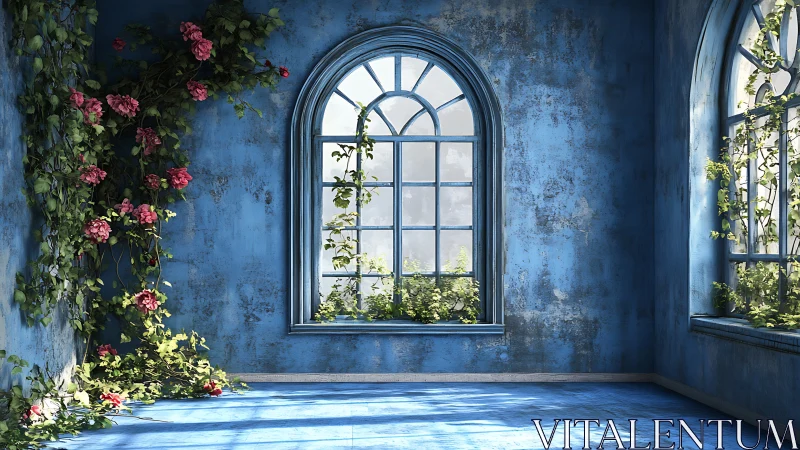 Sunlit blue room welcomes creeping vines and quiet blooms