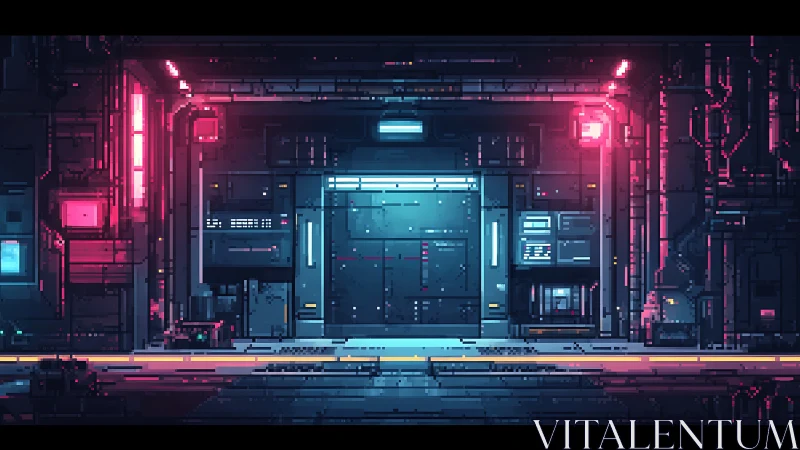 Pixel-art cyberpunk hangar bay with neon-lit blast door.