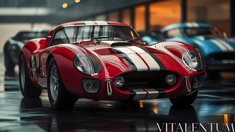 Red classic race car with white stripes in modern garage.