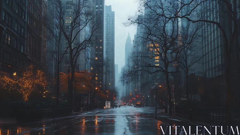 Moody rainy city street glows with autumn lights at dusk