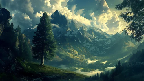 Sunlit mountain valley wrapped in soft, dreamlike mist.