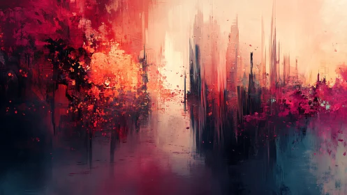 Abstract neon city emerges through blazing crimson haze