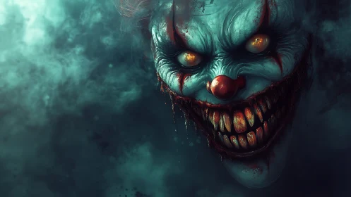 Demonic clown portrait with glowing eyes in toxic fog