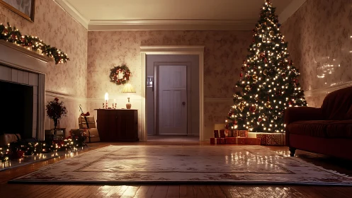 Dimly lit living room with decorated Christmas tree present.