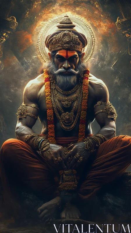 Powerful warrior deity in ornate gold and orange regalia.