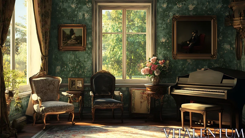 Sunlit vintage music room with velvet chairs and piano.