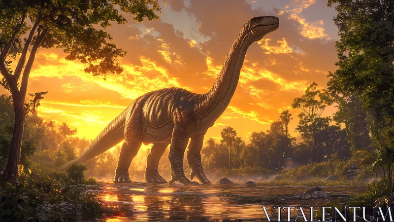 Sauropod dinosaur crossing river under blazing sunset.
