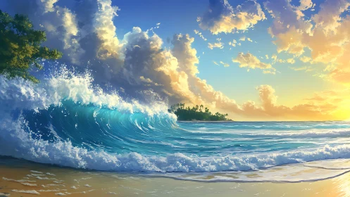 Golden sunrise waves curling toward a peaceful shore.