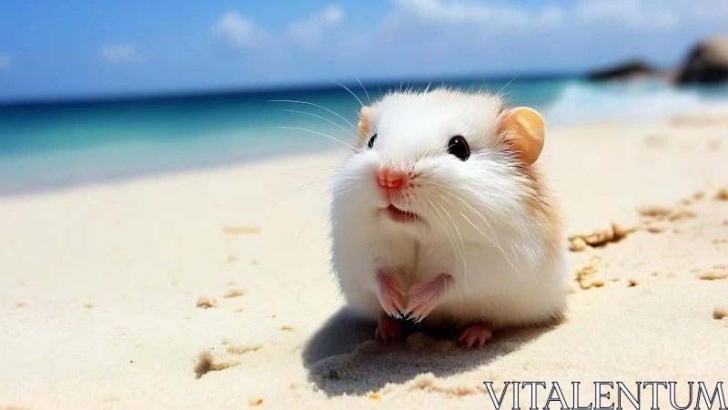 Small white hamster on sandy beach near blue shoreline.