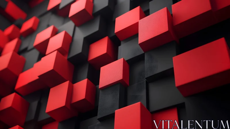 Red and black cubic blocks in staggered geometric array.