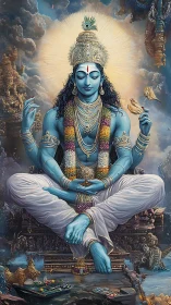 Blue-skinned seated deity in ornate cosmic environment.