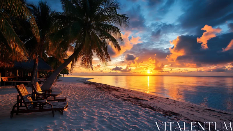 Photorealistic tropical beach sunset with silhouetted palms.