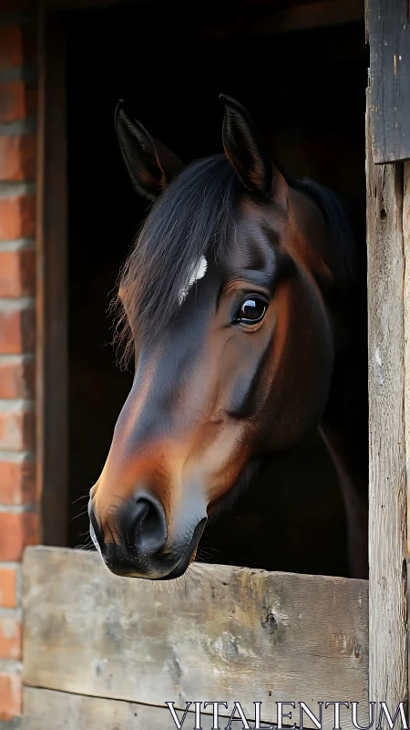 High-detail bay horse head emerging from stable doorway in soft light