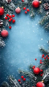 Red baubles on snowy fir branches over frosted blue backdrop.