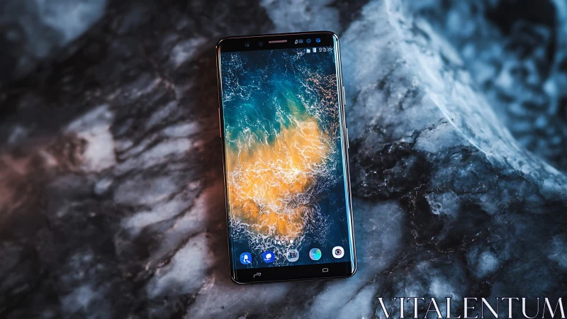 Modern smartphone displays aerial coastal landscape wallpaper.