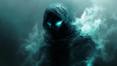 Spectral wraith with glowing cyan eyes in swirling mist.