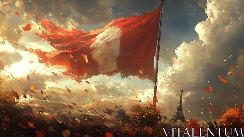 Dynamic red battle flag billows above Parisian skyline in wind