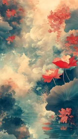 Lotus flowers rise above reflective water under soft clouds