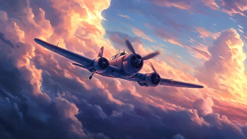 Twin engine warplane flying through vivid sunset clouds.
