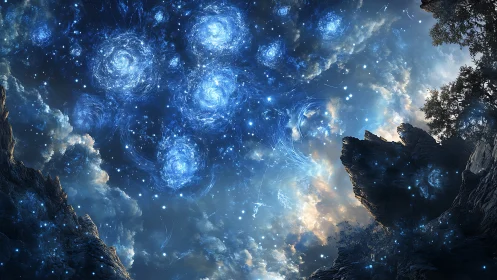 Starlit whirlpools swirl above jagged cliffs at cosmic dusk