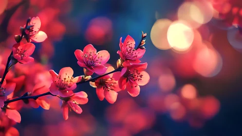 Crimson Blossoms Dance Through Twilight's Bokeh Veil.
