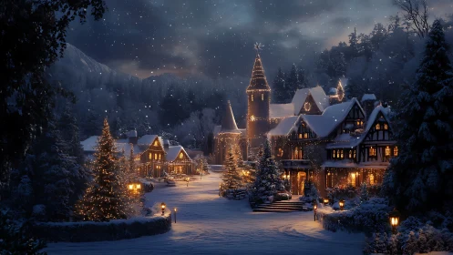 Snowlit Christmas hamlet wrapped in golden hearthlight dreams.
